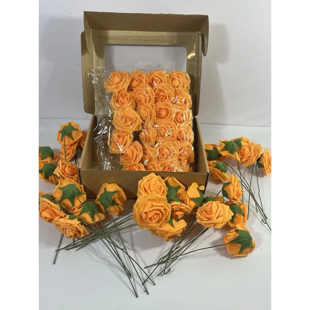 Artificial Rose Flowers 54 Pc Real Touch Fake Flowers with Stem Orange Faux Foam
